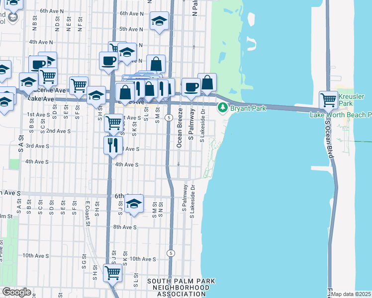 map of restaurants, bars, coffee shops, grocery stores, and more near 314 South Palmway in Lake Worth Beach