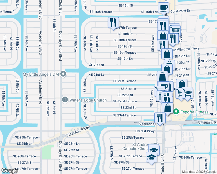 map of restaurants, bars, coffee shops, grocery stores, and more near 1121 Southeast 22nd Street in Cape Coral