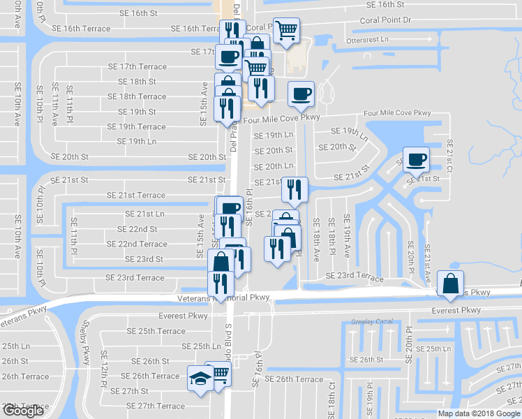 map of restaurants, bars, coffee shops, grocery stores, and more near 1625 Southeast 21st Lane in Cape Coral