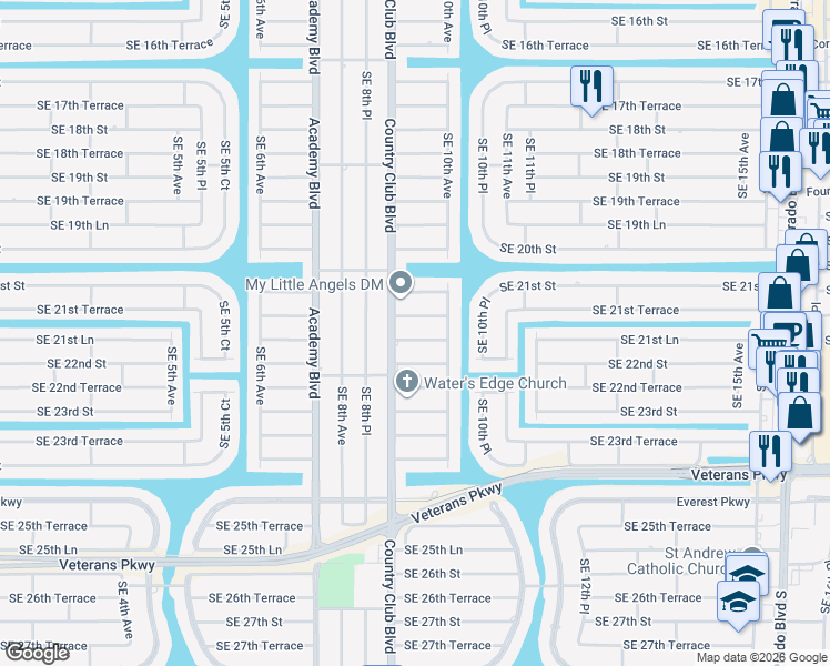 map of restaurants, bars, coffee shops, grocery stores, and more near 911 Southeast 21st Terrace in Cape Coral