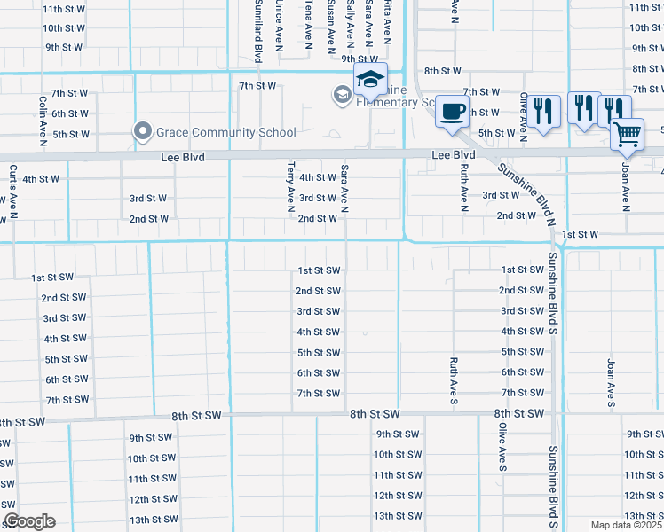 map of restaurants, bars, coffee shops, grocery stores, and more near 57 Susan Avenue South in Lehigh Acres