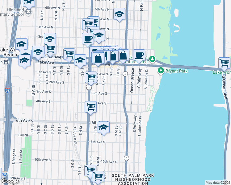 map of restaurants, bars, coffee shops, grocery stores, and more near 212 South M Street in Lake Worth