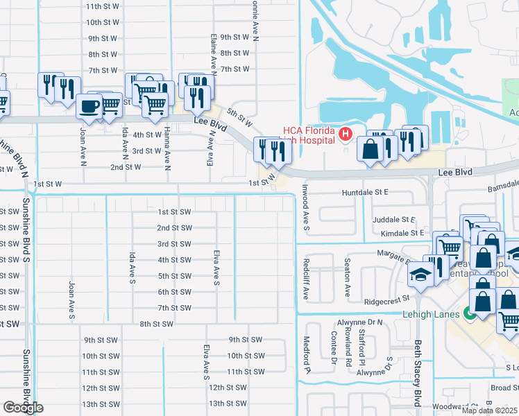 map of restaurants, bars, coffee shops, grocery stores, and more near 54 Beth Avenue South in Lehigh Acres