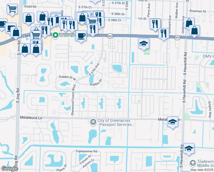 map of restaurants, bars, coffee shops, grocery stores, and more near 1424 14th Lane in Greenacres