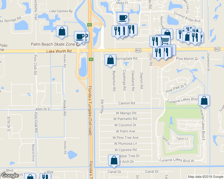 map of restaurants, bars, coffee shops, grocery stores, and more near 104 Barberton Road in Lake Worth