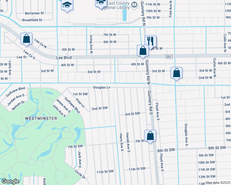 map of restaurants, bars, coffee shops, grocery stores, and more near 4516 Douglas Lane in Lehigh Acres