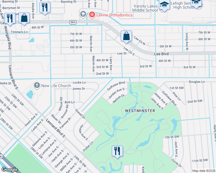map of restaurants, bars, coffee shops, grocery stores, and more near 4794 Golfview Boulevard in Lehigh Acres