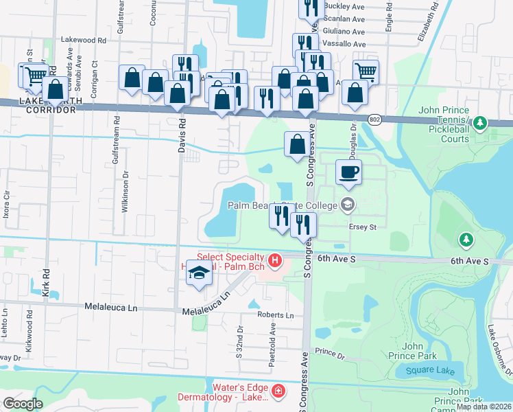 map of restaurants, bars, coffee shops, grocery stores, and more near 4182 Emerald Vista in Lake Worth