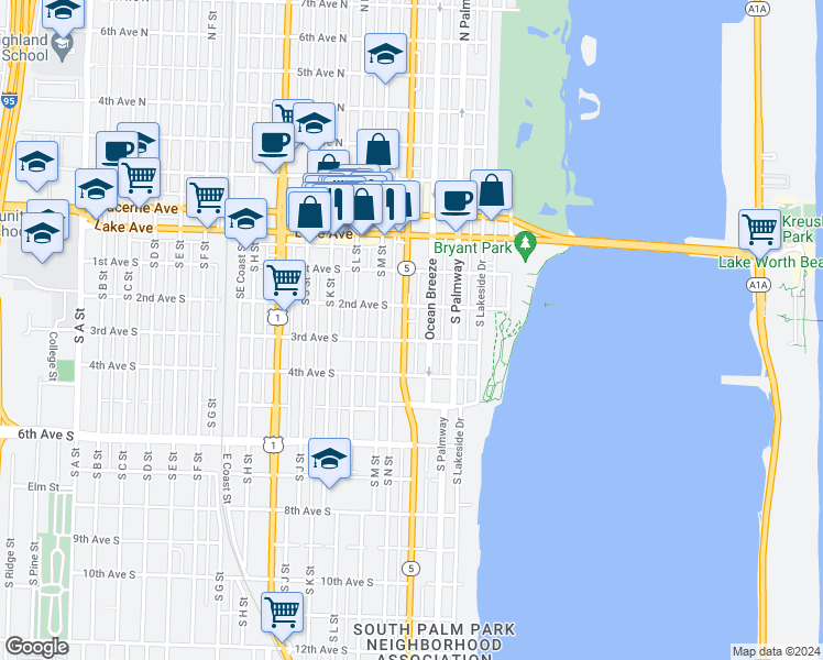 map of restaurants, bars, coffee shops, grocery stores, and more near 224 South Federal Highway in Lake Worth