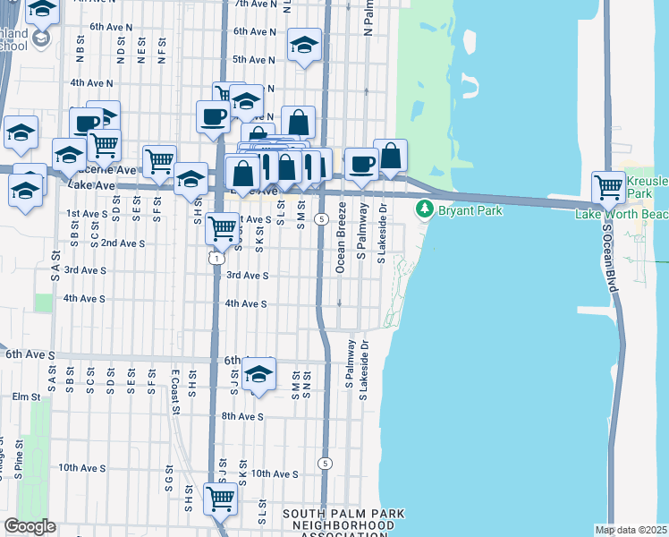 map of restaurants, bars, coffee shops, grocery stores, and more near 215 South Federal Highway in Lake Worth