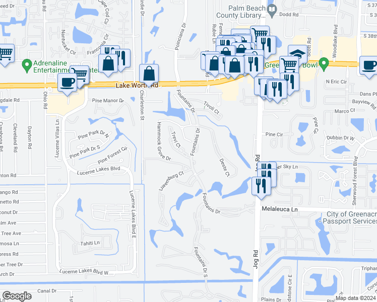 map of restaurants, bars, coffee shops, grocery stores, and more near 4335 Trevi Court in Lake Worth