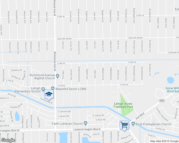 map of restaurants, bars, coffee shops, grocery stores, and more near 314 Eighth Avenue in Lehigh Acres