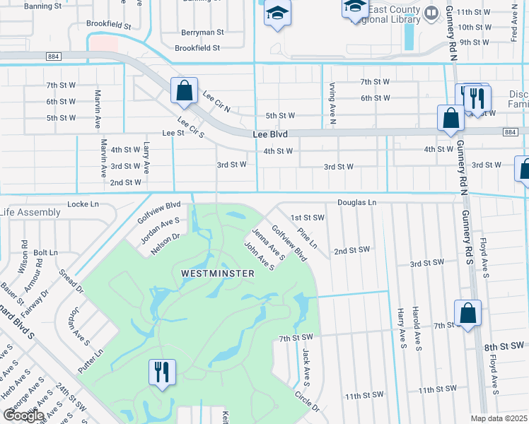 map of restaurants, bars, coffee shops, grocery stores, and more near 4738 Douglas Lane in Lehigh Acres