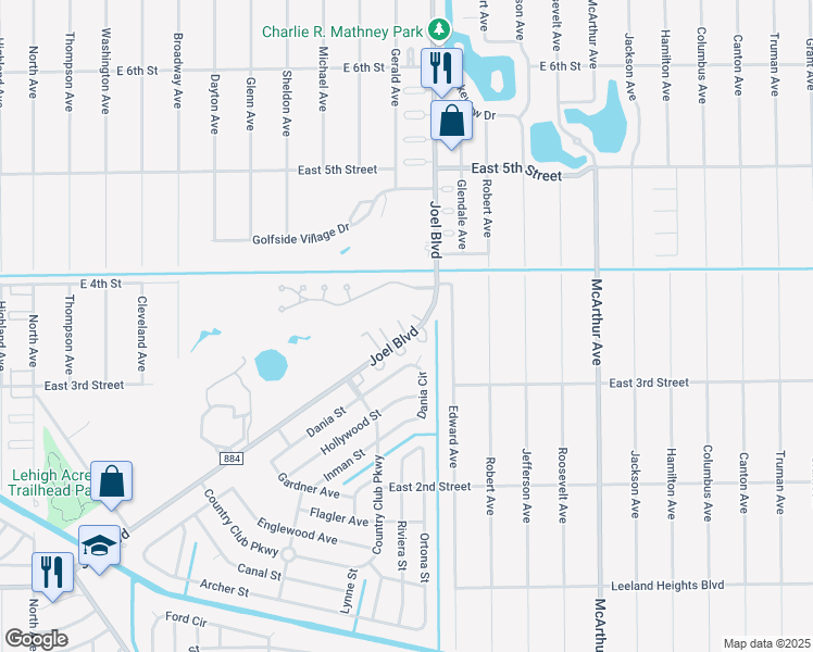 map of restaurants, bars, coffee shops, grocery stores, and more near 349 Joel Boulevard in Lehigh Acres