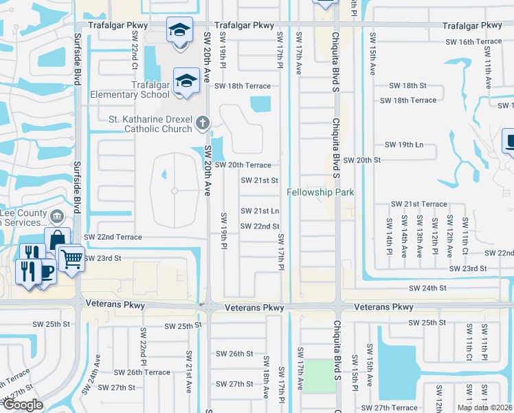 map of restaurants, bars, coffee shops, grocery stores, and more near 1812 Southwest 21st Terrace in Cape Coral