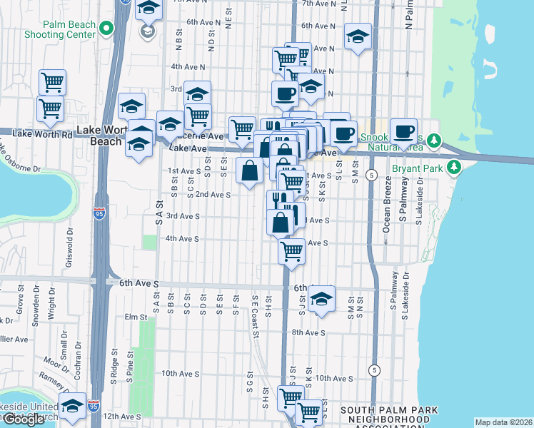 map of restaurants, bars, coffee shops, grocery stores, and more near 214 South H Street in Lake Worth
