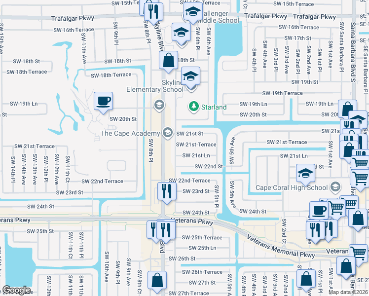 map of restaurants, bars, coffee shops, grocery stores, and more near 702 Southwest 21st Terrace in Cape Coral