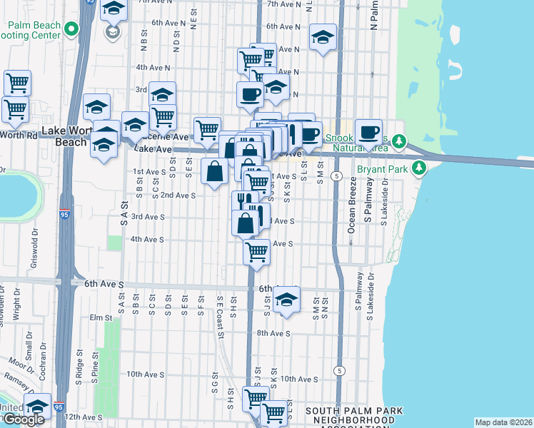 map of restaurants, bars, coffee shops, grocery stores, and more near 209 South J Street in Lake Worth