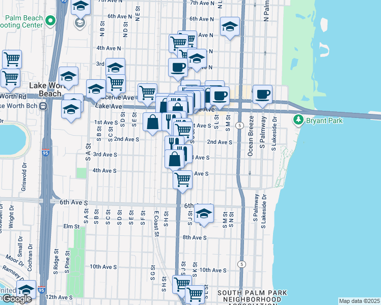 map of restaurants, bars, coffee shops, grocery stores, and more near 209 South J Street in Lake Worth