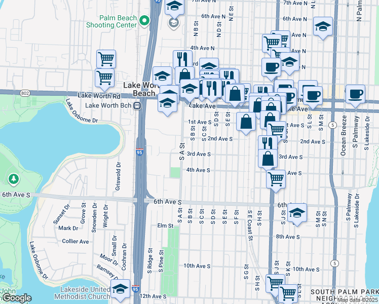 map of restaurants, bars, coffee shops, grocery stores, and more near 216 South B Street in Lake Worth