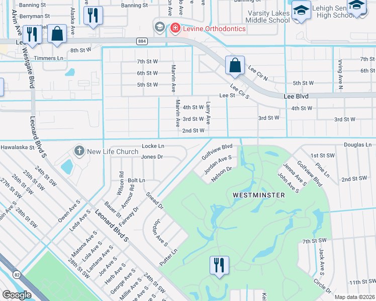 map of restaurants, bars, coffee shops, grocery stores, and more near 4990 Fairway Court in Lehigh Acres