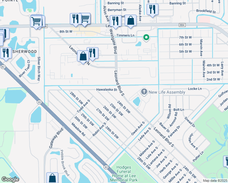 map of restaurants, bars, coffee shops, grocery stores, and more near 2 Bond Avenue South in Lehigh Acres