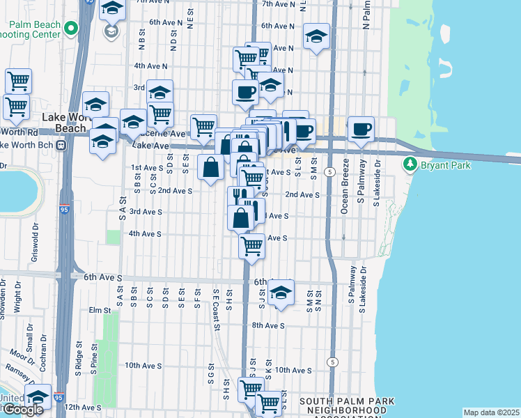 map of restaurants, bars, coffee shops, grocery stores, and more near 209 South J Street in Lake Worth