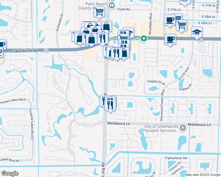 map of restaurants, bars, coffee shops, grocery stores, and more near 4420 Jog Road in Greenacres