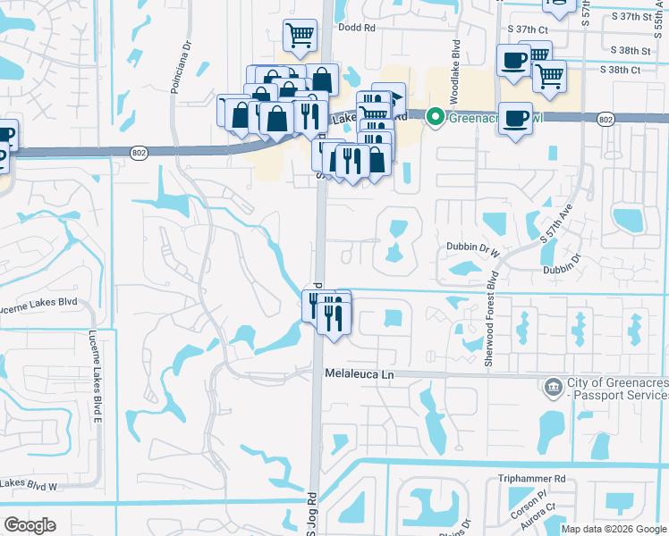 map of restaurants, bars, coffee shops, grocery stores, and more near 4420 Jog Road in Greenacres