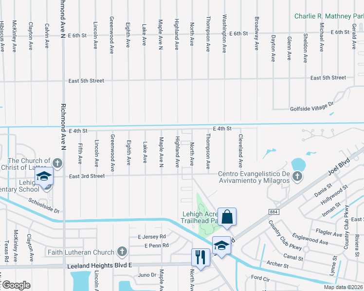 map of restaurants, bars, coffee shops, grocery stores, and more near 317 Highland Avenue in Lehigh Acres