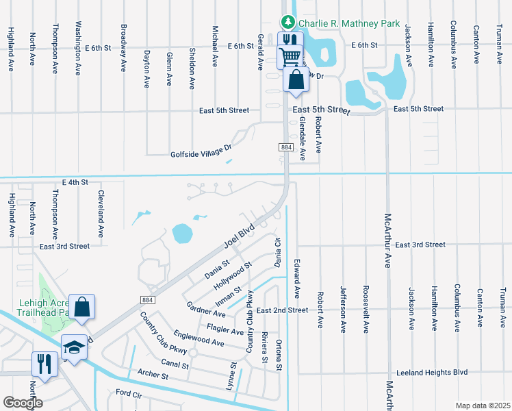 map of restaurants, bars, coffee shops, grocery stores, and more near C Eustis Avenue in Lehigh Acres