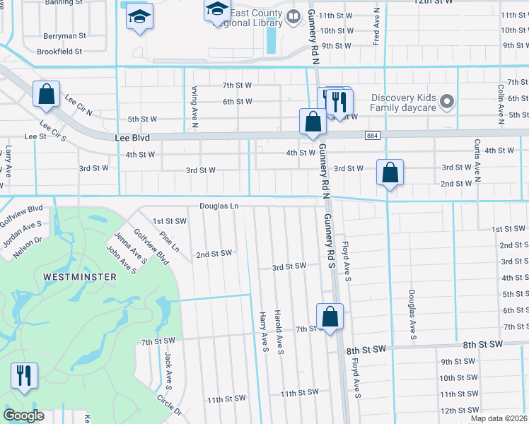 map of restaurants, bars, coffee shops, grocery stores, and more near 4723 Douglas Lane in Lehigh Acres