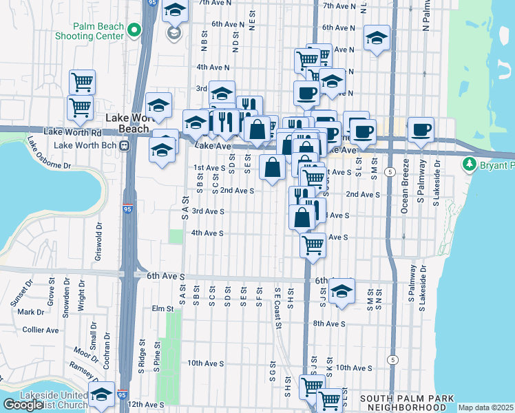 map of restaurants, bars, coffee shops, grocery stores, and more near 205 South F Street in Lake Worth