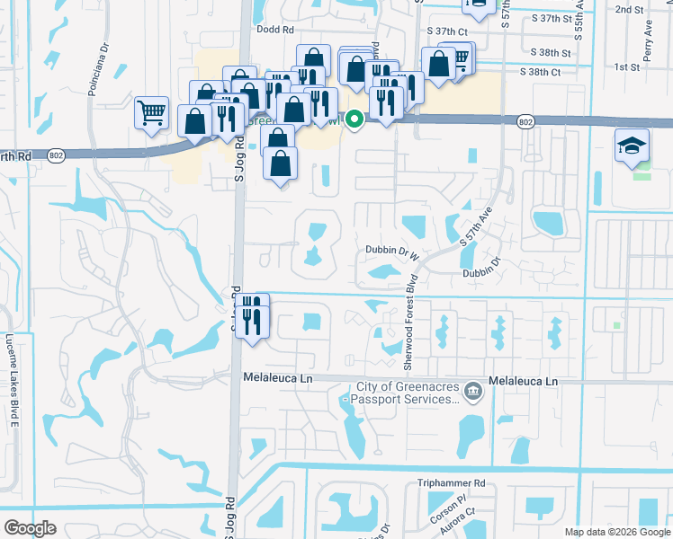 map of restaurants, bars, coffee shops, grocery stores, and more near 707 Pine Circle in Greenacres