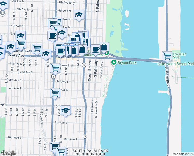 map of restaurants, bars, coffee shops, grocery stores, and more near 206 South Palmway in Lake Worth