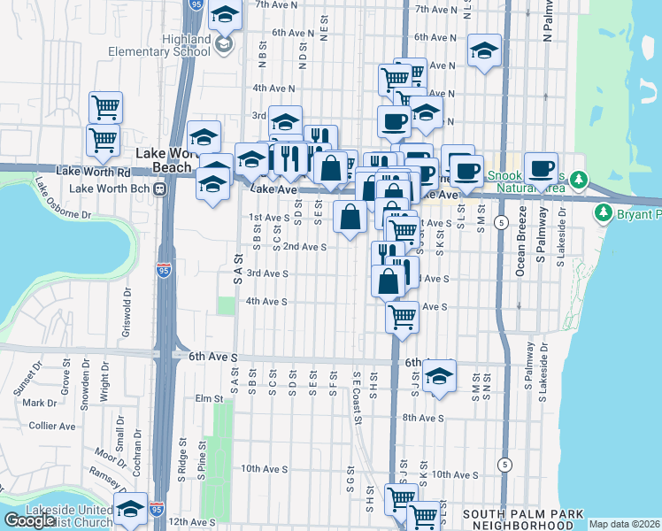 map of restaurants, bars, coffee shops, grocery stores, and more near 205 South F Street in Lake Worth