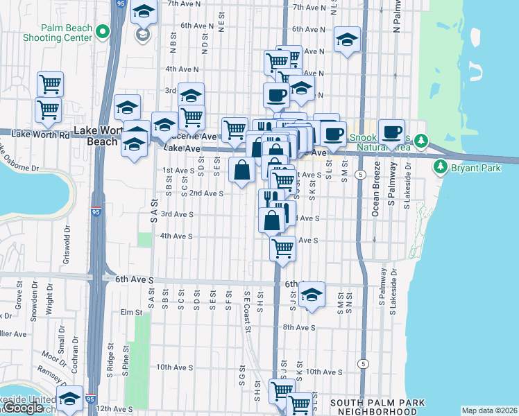 map of restaurants, bars, coffee shops, grocery stores, and more near 214 South H Street in Lake Worth