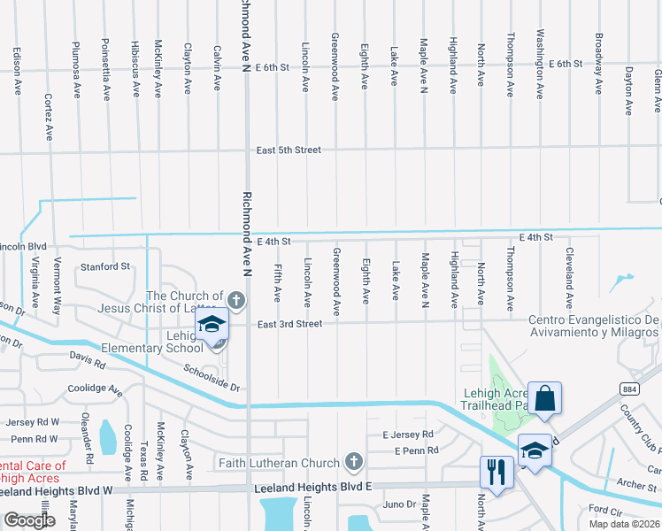 map of restaurants, bars, coffee shops, grocery stores, and more near 323 Greenwood Avenue in Lehigh Acres