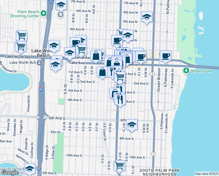 map of restaurants, bars, coffee shops, grocery stores, and more near 214 South H Street in Lake Worth