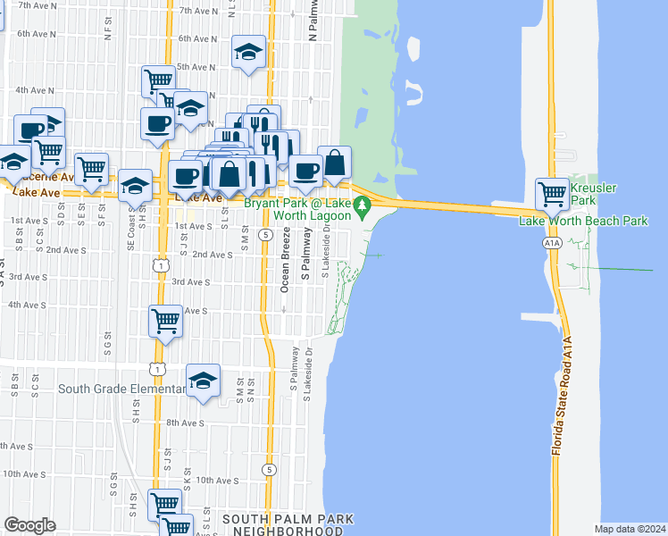 map of restaurants, bars, coffee shops, grocery stores, and more near 208 South Lakeside Drive in Lake Worth
