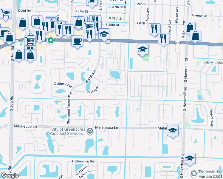 map of restaurants, bars, coffee shops, grocery stores, and more near 613 6th Lane in Greenacres