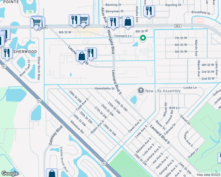 map of restaurants, bars, coffee shops, grocery stores, and more near 2 Bond Avenue South in Lehigh Acres