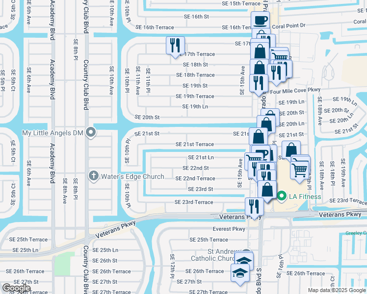 map of restaurants, bars, coffee shops, grocery stores, and more near 1224 Southeast 21st Terrace in Cape Coral