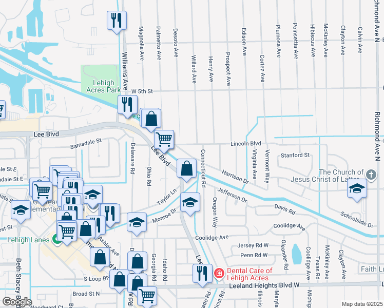 map of restaurants, bars, coffee shops, grocery stores, and more near 709 Connecticut Lane in Lehigh Acres