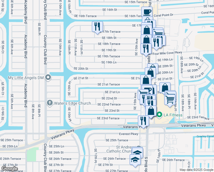 map of restaurants, bars, coffee shops, grocery stores, and more near 1224 Southeast 21st Terrace in Cape Coral