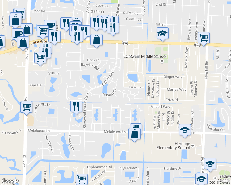 map of restaurants, bars, coffee shops, grocery stores, and more near 1604 16th Lane in Greenacres