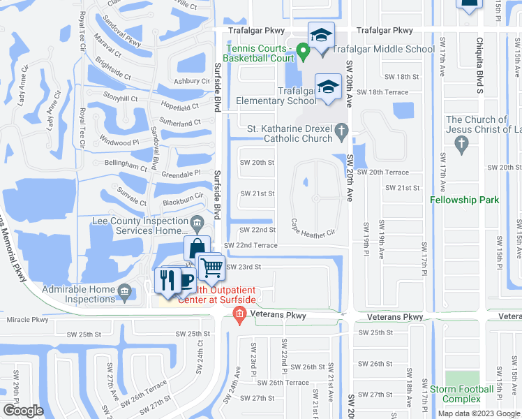 map of restaurants, bars, coffee shops, grocery stores, and more near 2303 Southwest 21st Terrace in Cape Coral