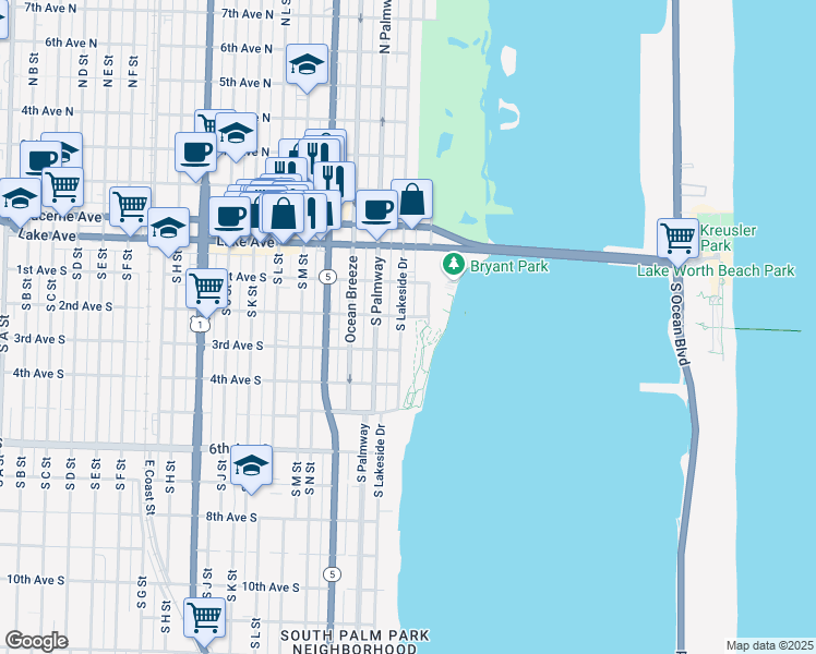 map of restaurants, bars, coffee shops, grocery stores, and more near 2 2nd Avenue South in Lake Worth