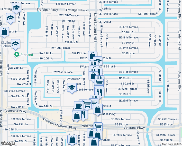 map of restaurants, bars, coffee shops, grocery stores, and more near 2117 Southwest Santa Barbara Place in Cape Coral