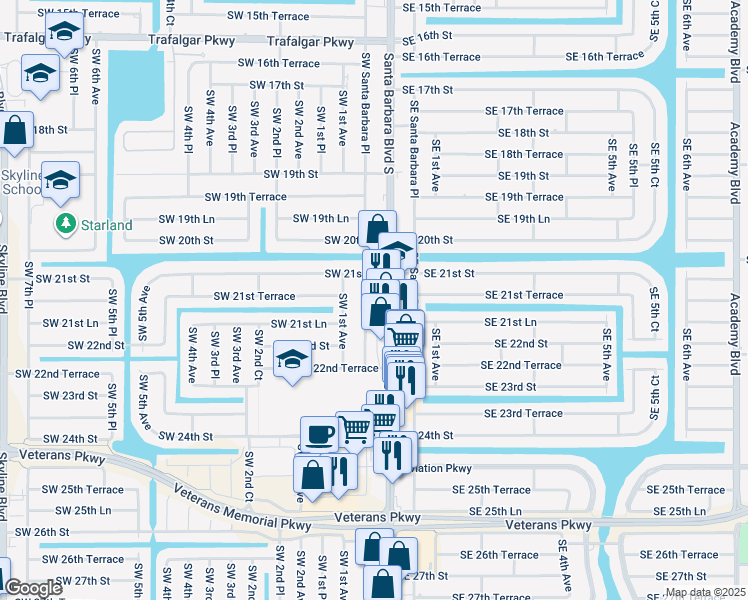 map of restaurants, bars, coffee shops, grocery stores, and more near 2117 Southwest Santa Barbara Place in Cape Coral